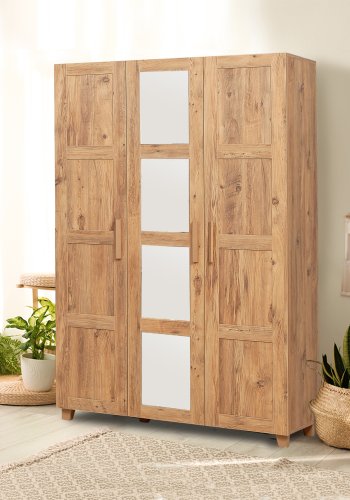 FUNZI LIVING Hedera Kleiderschrank, m. 3 Türen, 1 Kleiderstange, 4 Einlegeböden - Natur und weißes Melamin