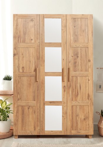 FUNZI LIVING Hedera Kleiderschrank, m. 3 Türen, 1 Kleiderstange, 4 Einlegeböden - Natur und weißes Melamin