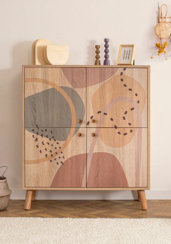 FUNZI LIVING Multilüx Schrank, m. 4 Türen und 3 Regale - mehrfarbiges Melamin und Holz