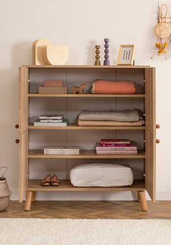 FUNZI LIVING Multilüx Schrank, m. 4 Türen und 3 Regale - mehrfarbiges Melamin und Holz