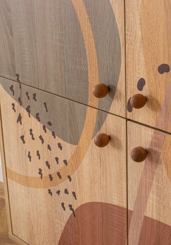 FUNZI LIVING Multilüx Schrank, m. 4 Türen und 3 Regale - mehrfarbiges Melamin und Holz