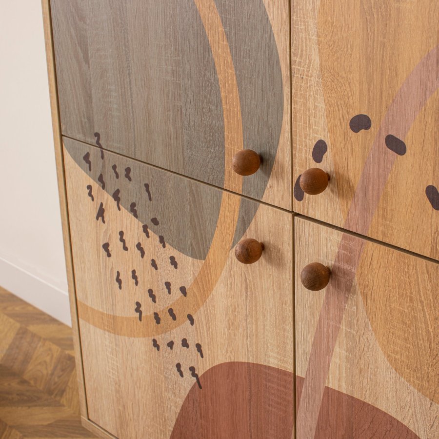 FUNZI LIVING Multilüx Schrank, m. 4 Türen und 3 Regale - mehrfarbiges Melamin und Holz