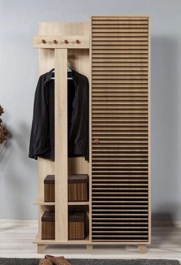 FUNZI LIVING Garmanto 90 entrsett, med klesstativ, klesstang og skap - naturlig melamin og hornbk
