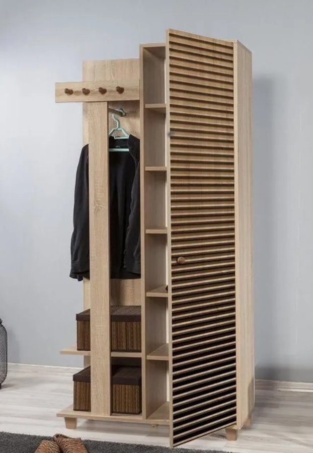 FUNZI LIVING Garmanto 90 entrsett, med klesstativ, klesstang og skap - naturlig melamin og hornbk