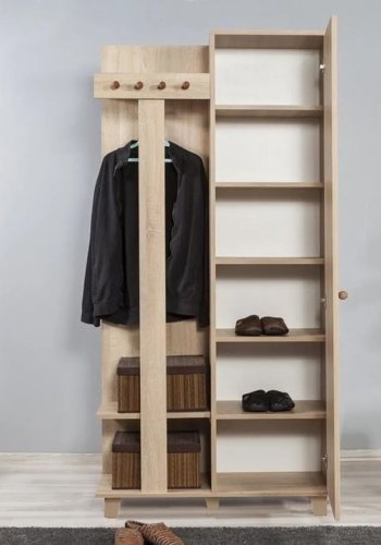 FUNZI LIVING Garmanto 90 entrsett, med klesstativ, klesstang og skap - naturlig melamin og hornbk