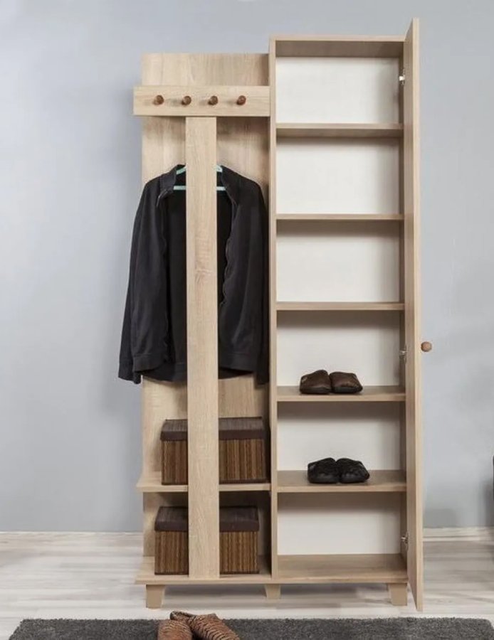 FUNZI LIVING Garmanto 90 entrsett, med klesstativ, klesstang og skap - naturlig melamin og hornbk