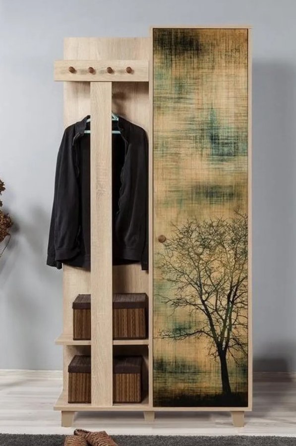 FUNZI LIVING Garmanto 90 entrsett, med klesstativ, klesstang og skap - naturlig melamin og hornbk