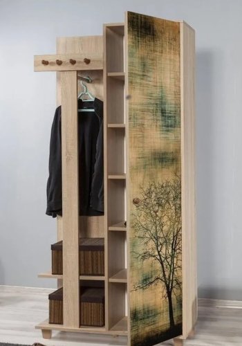FUNZI LIVING Garmanto 90 entrsett, med klesstativ, klesstang og skap - naturlig melamin og hornbk