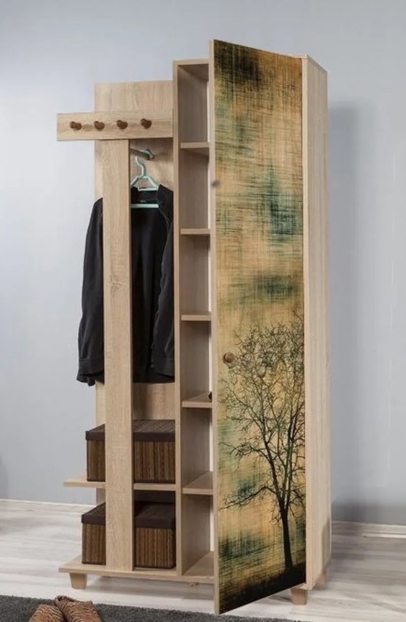 FUNZI LIVING Garmanto 90 entrsett, med klesstativ, klesstang og skap - naturlig melamin og hornbk