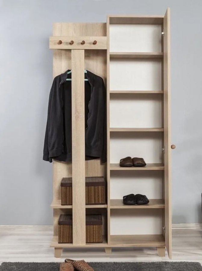 FUNZI LIVING Garmanto 90 entrsett, med klesstativ, klesstang og skap - naturlig melamin og hornbk