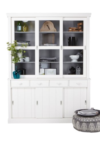 WOOOD Lagos vitrineskab, m. 6 skydelger og 4 skuffer - glas og hvid fyrretr