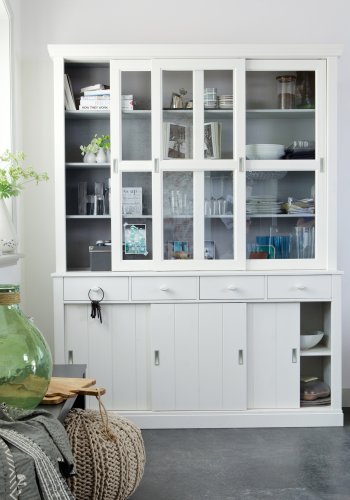 WOOOD Lagos vitrineskab, m. 6 skydelger og 4 skuffer - glas og hvid fyrretr