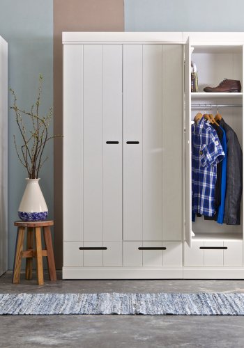 WOOOD Connect garderobe, m. 2 drer, 1 hylle, 1 hengestang og 2 skuffer - hvit furu