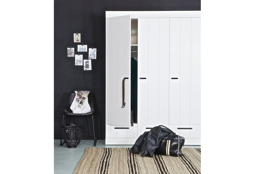 WOOOD Connect garderobe, m. 3 drer, 4 hyller, 1 hengestang og 3 skuffer - hvit furu