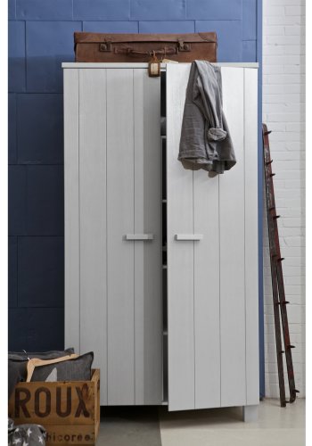 WOOOD Dennis garderobe, m. 2 drer, 4 hyller og 1 hengestang - betonggr furu og melamin