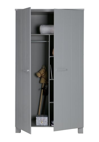 WOOOD Dennis garderobe, m. 2 drer, 4 hyller og 1 hengestang - betonggr furu og melamin