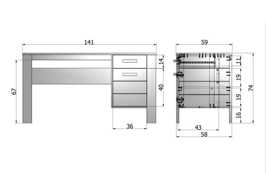 TRE Dennis skrivebord, m. 1 dr, 1 hylle og 1 skuff - betonggr furu (141x59)