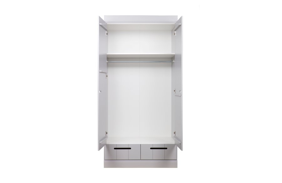 WOOOD Connect garderobe, m. 2 drer, 1 hylle, 1 hengestang og 2 skuffer - betonggr furu