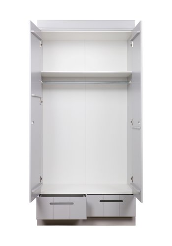 WOOOD Connect garderobe, m. 2 drer, 1 hylle, 1 hengestang og 2 skuffer - betonggr furu