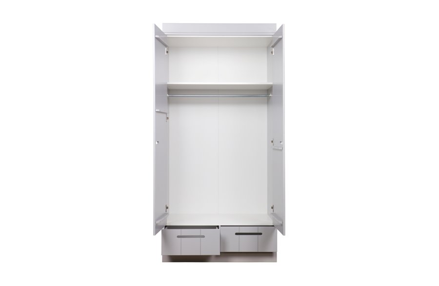 WOOOD Connect garderobe, m. 2 drer, 1 hylle, 1 hengestang og 2 skuffer - betonggr furu