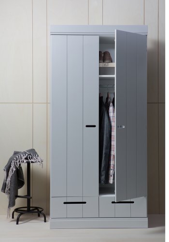 WOOOD Connect garderobe, m. 2 drer, 1 hylle, 1 hengestang og 2 skuffer - betonggr furu