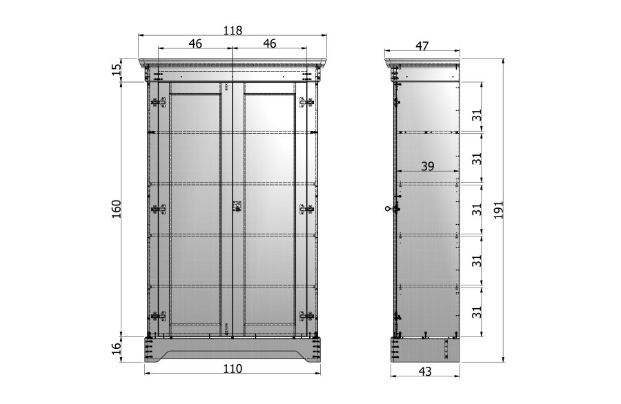 TRE Isabel-skap, m. 2 drer og 4 hyller - hvit furu og melamin