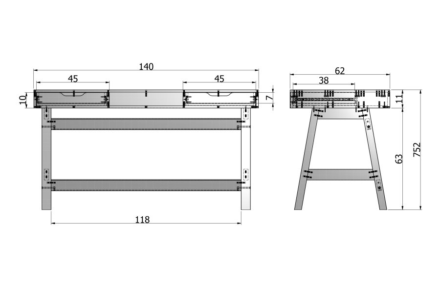 TRE Nikki skrivebord, m. 1 rom og 2 skuffer - hvit furu (140x62)