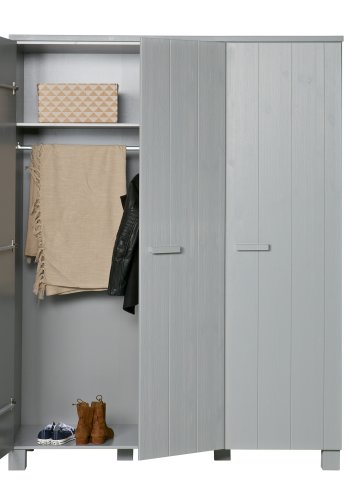 WOOOD Dennis garderobe for barn, m. 3 drer, 5 hyller og 1 hengerstang - betonggr furu