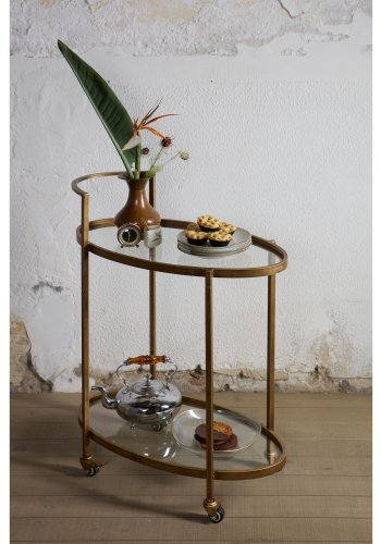 WOOOD Collection rullebord, m. 2 glashylder og hjul, oval - antik messing metal (67x35)