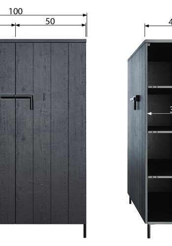 TRE Bruut skap, m. 2 drer og 3 hyller - sort furu og metall