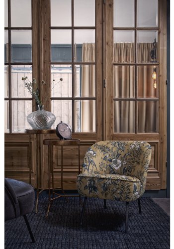 WOOOD Vogue lenestol - sennepsgul flyelspolyester med valmuetrykk og sort metall