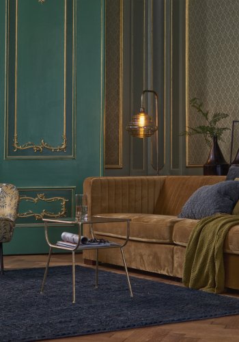 WOOOD Vogue lenestol - sennepsgul flyelspolyester med valmuetrykk og sort metall