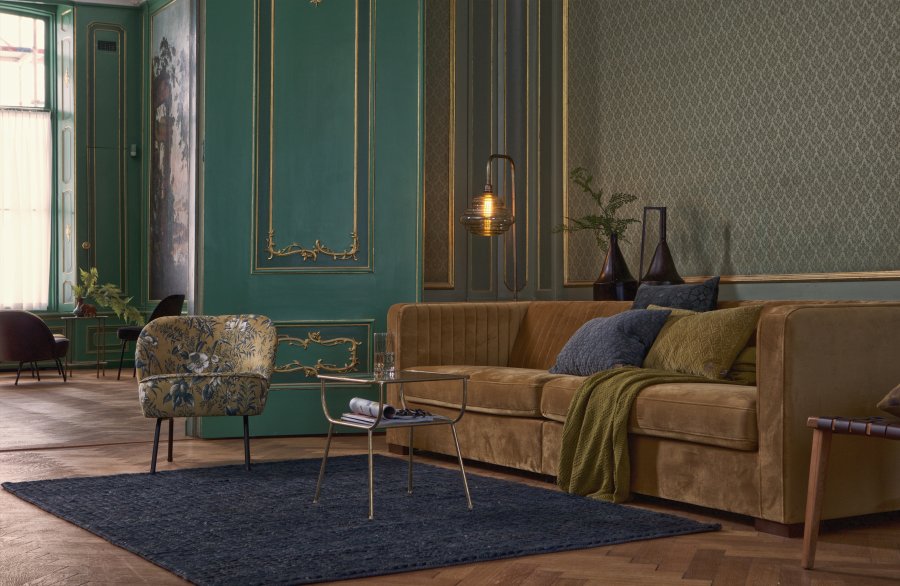 WOOOD Vogue lenestol - sennepsgul flyelspolyester med valmuetrykk og sort metall