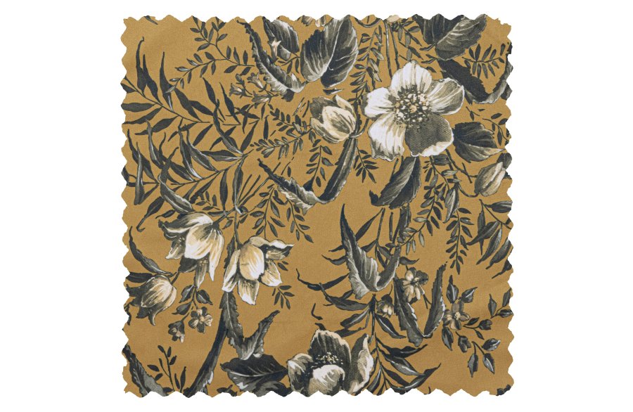 WOOOD Vogue spisebordstol - sennepsgul flyelspolyester med valmuetrykk og sort metall