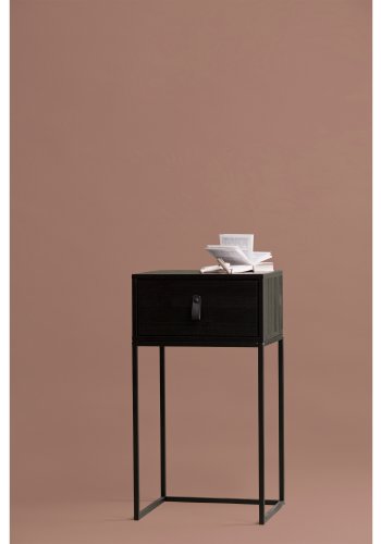 TRE Zola nattbord, m. 1 skuff - svart tre og metall (40x35)