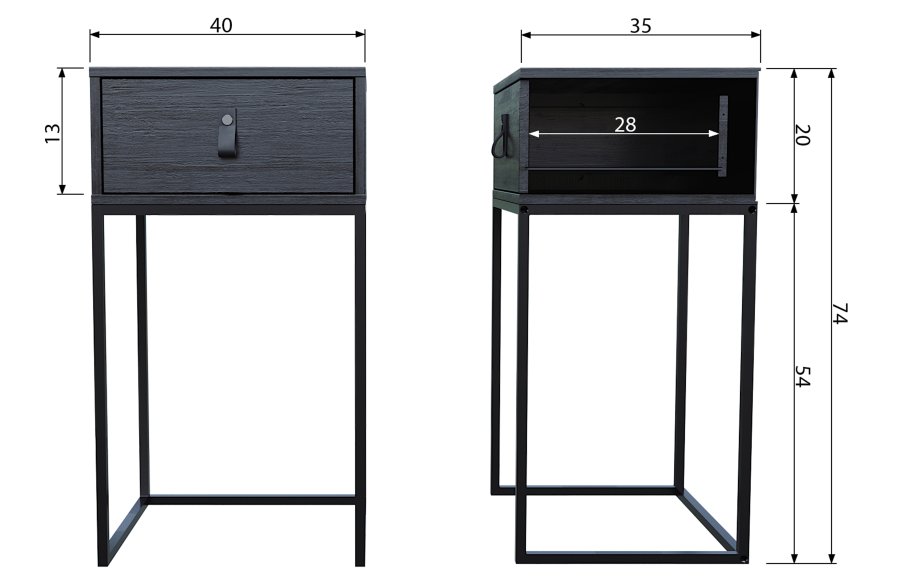 TRE Zola nattbord, m. 1 skuff - svart tre og metall (40x35)