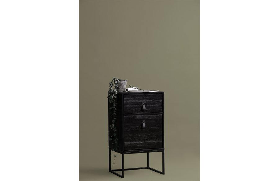 TRE Zola nattbord, m. 1 dr og 1 skuff - svart tre og metall (40x35)