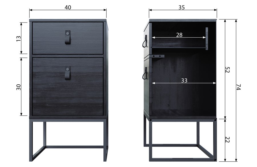TRE Zola nattbord, m. 1 dr og 1 skuff - svart tre og metall (40x35)