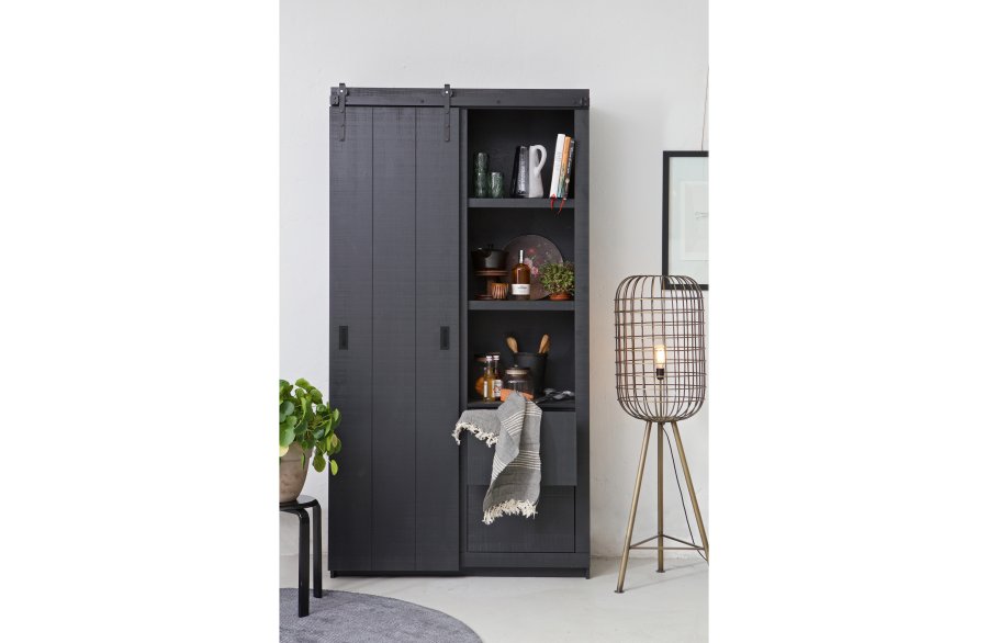 VTWONEN Slide lveskap, m. 1 skyvedr, 4 skuffer og 4 hyller - sort furu