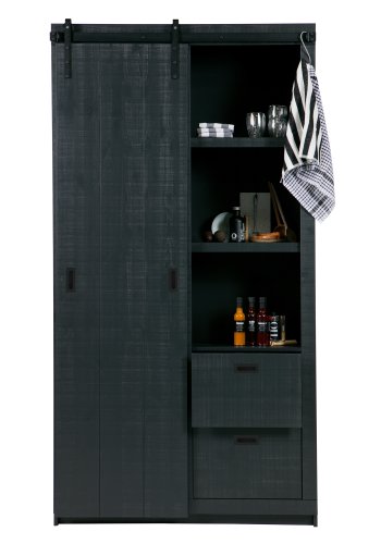 VTWONEN Slide lveskap, m. 1 skyvedr, 4 skuffer og 4 hyller - sort furu