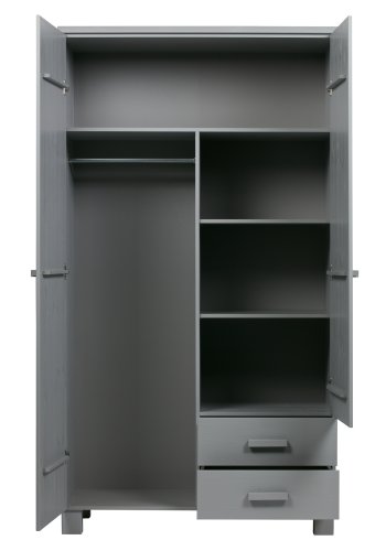 WOOOD Dennis garderobe, m. 2 drer, 3 hyller og 2 skuffer - betonggr furu og melamin