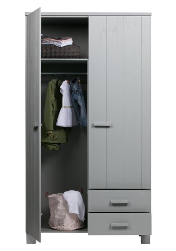 WOOOD Dennis garderobe, m. 2 drer, 3 hyller og 2 skuffer - betonggr furu og melamin