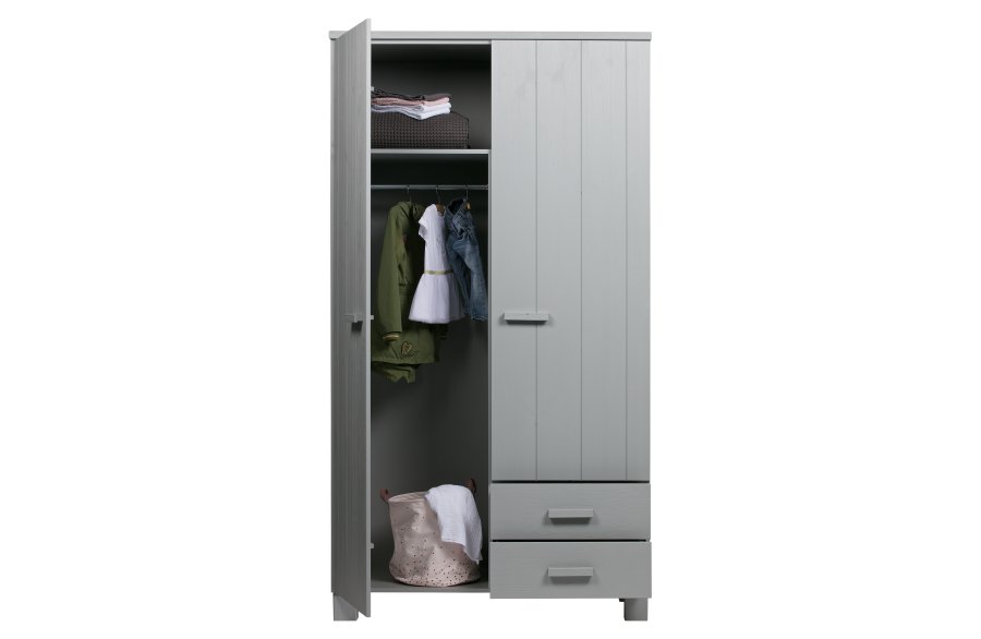 WOOOD Dennis garderobe, m. 2 drer, 3 hyller og 2 skuffer - betonggr furu og melamin