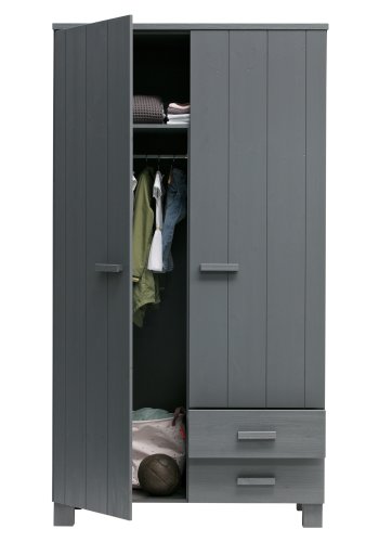 WOOOD Dennis garderobe for barn, m. 2 drer, 3 hyller og 2 skuffer - stlgr furu