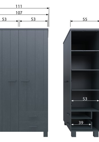 WOOOD Dennis garderobe for barn, m. 2 drer, 3 hyller og 2 skuffer - stlgr furu