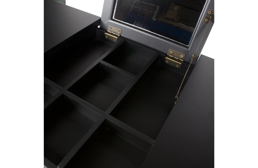 WOOOD Romy sminkebord, m. sammenleggbart speil, sm rom og 2 skuffer - sort furu og MDF (75x38)