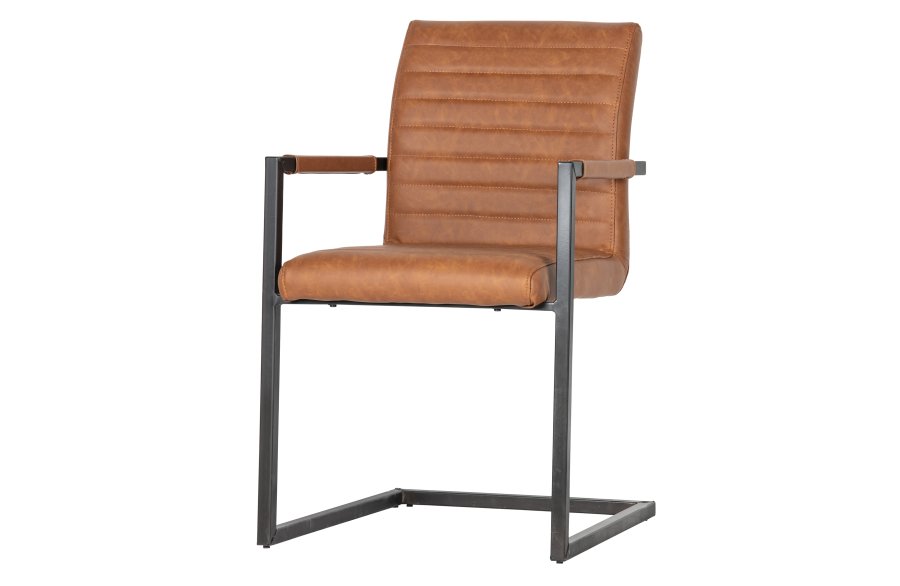 WOOOD Bas Esszimmerstuhl, mit Armlehnen – Vintage Cognac PU und schwarzes Metall