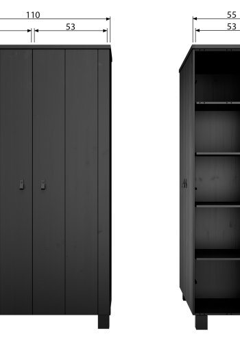 WOOOD Slips garderobe, m. 2 drer, 4 hyller og 1 hengerstang - sort furu og melamin