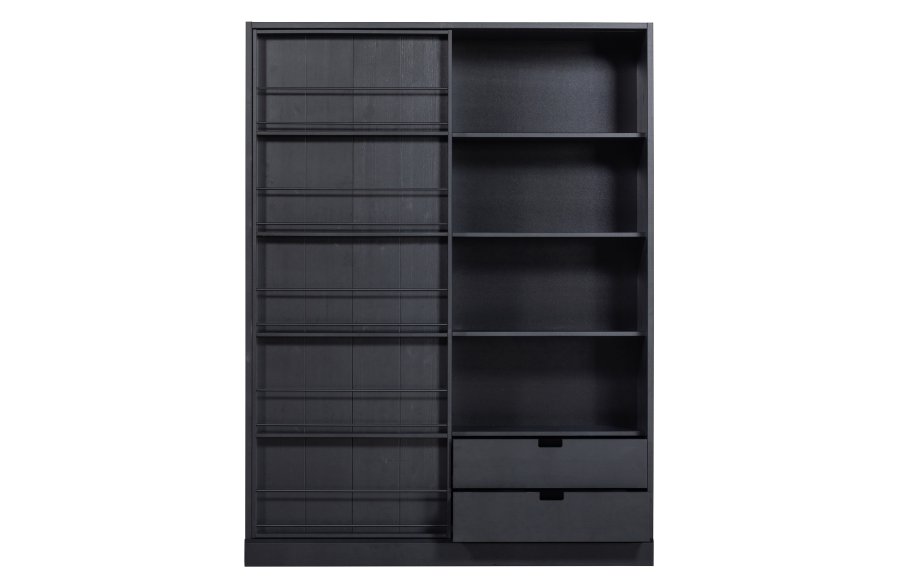 WOOOD EXCLUSIVE Swing skyvedrsskap, m. 9 rom og 2 skuffer - matt sort furu