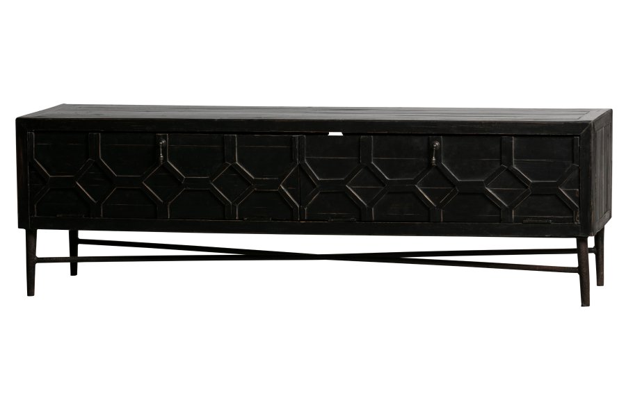 WOOOD Legat TV-bord, m. 2 drer og 1 hylle - antikk svart gjenvunnet furu og jern (160x45)